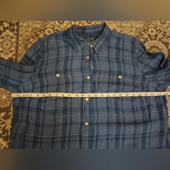 Lauren Ralph Lauren Womens 1X Long Sleeve Linen Shirt Blue Plaid Button Classic - Picture 10 of 10